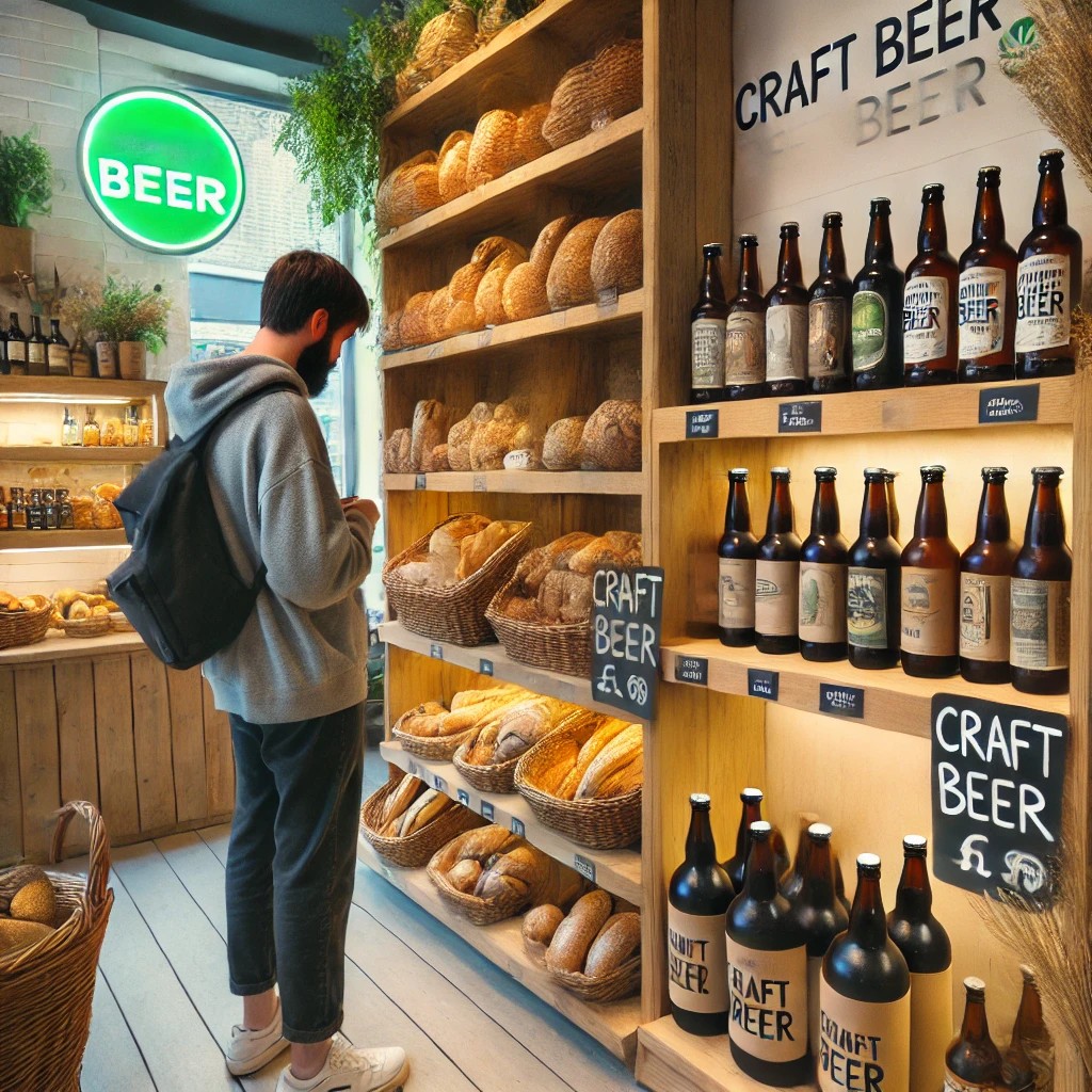 パン屋の店内にクラフトビールが並んでいる様子