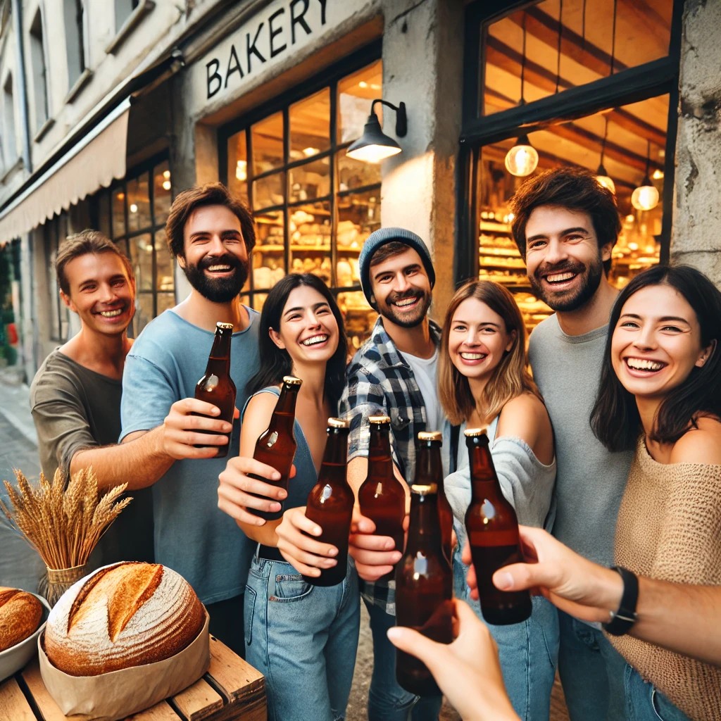 パン屋の前でビールで乾杯する人達