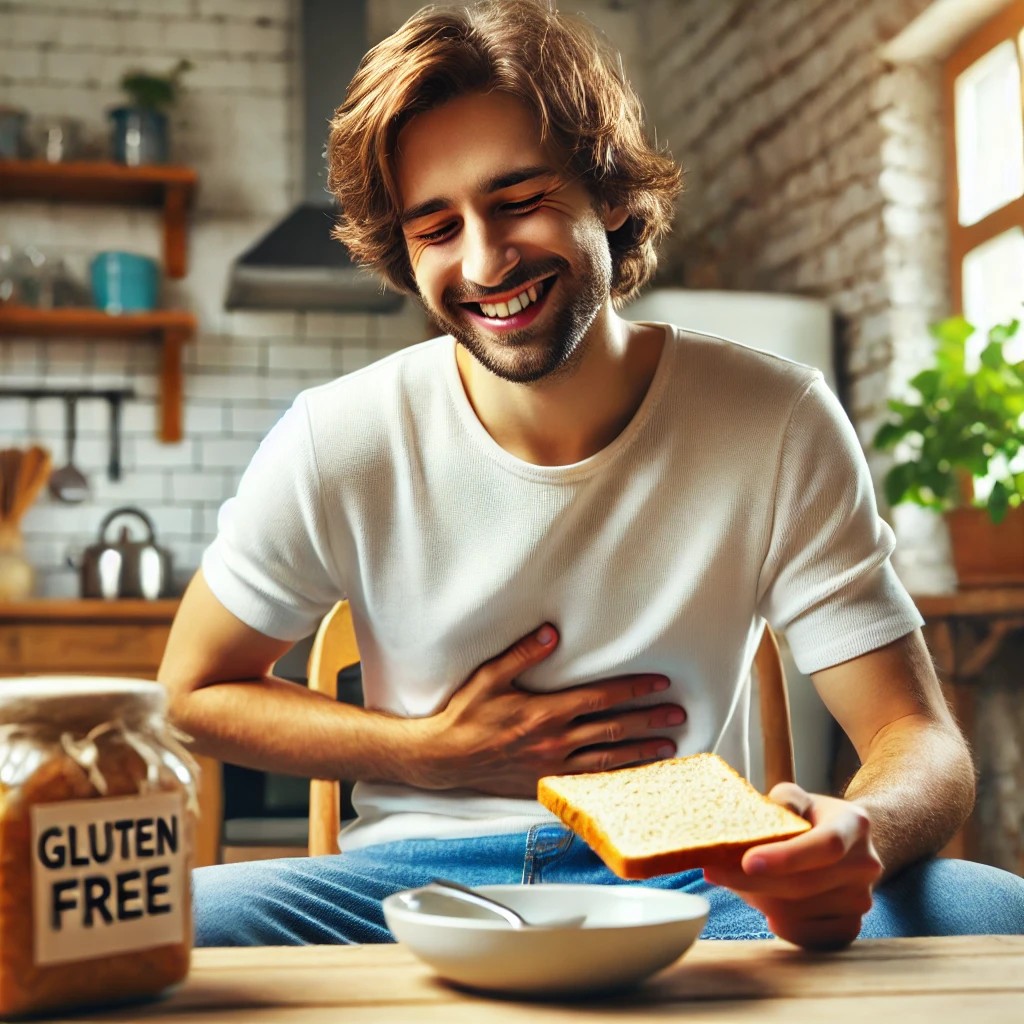 グルテンフリーの食品を食べる笑顔の男性