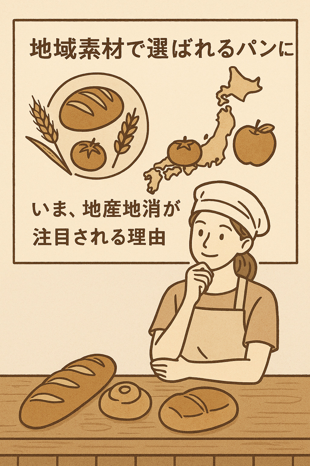 日本地図と「地域素材で選ばれるパンに。いま、地産地消が注目される理由」と書いてあるポスターの前でほほ笑む女性