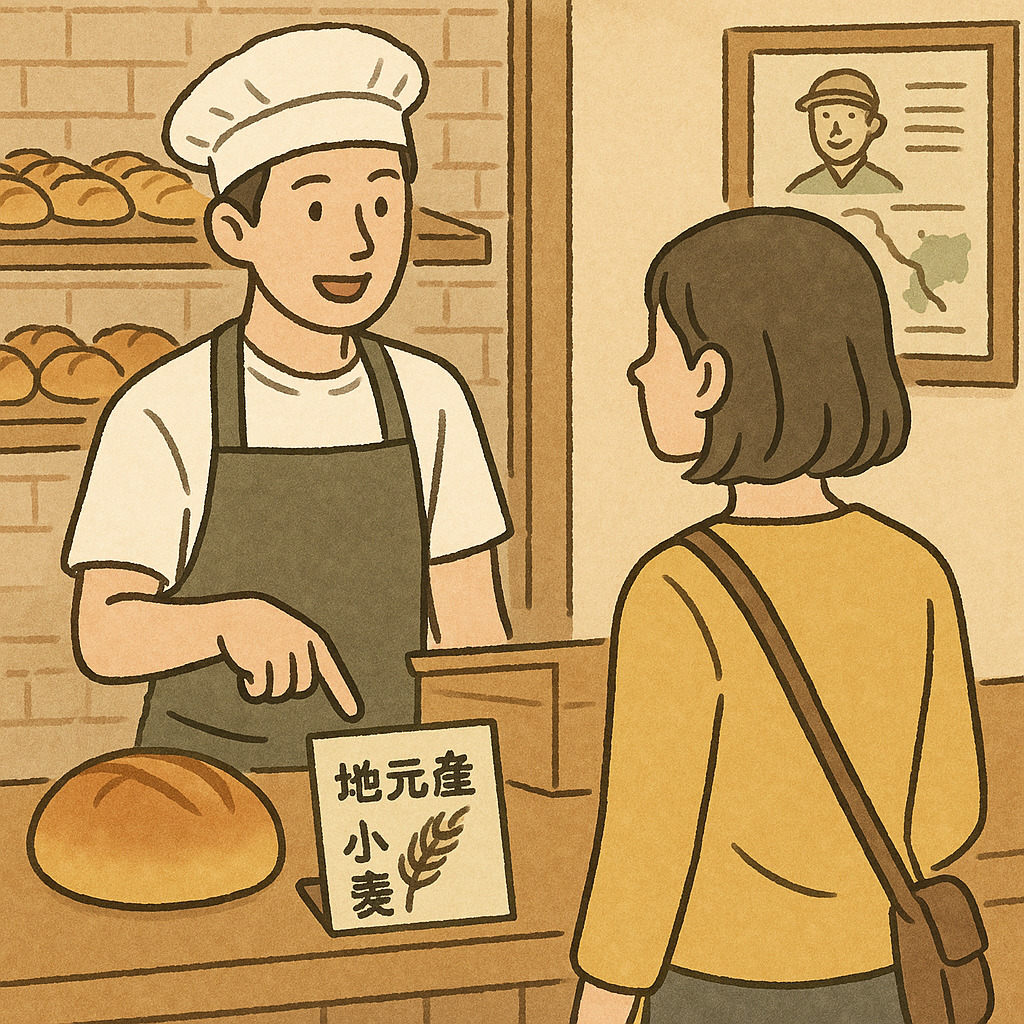 地元産小麦についてお客様に説明するパン屋店員