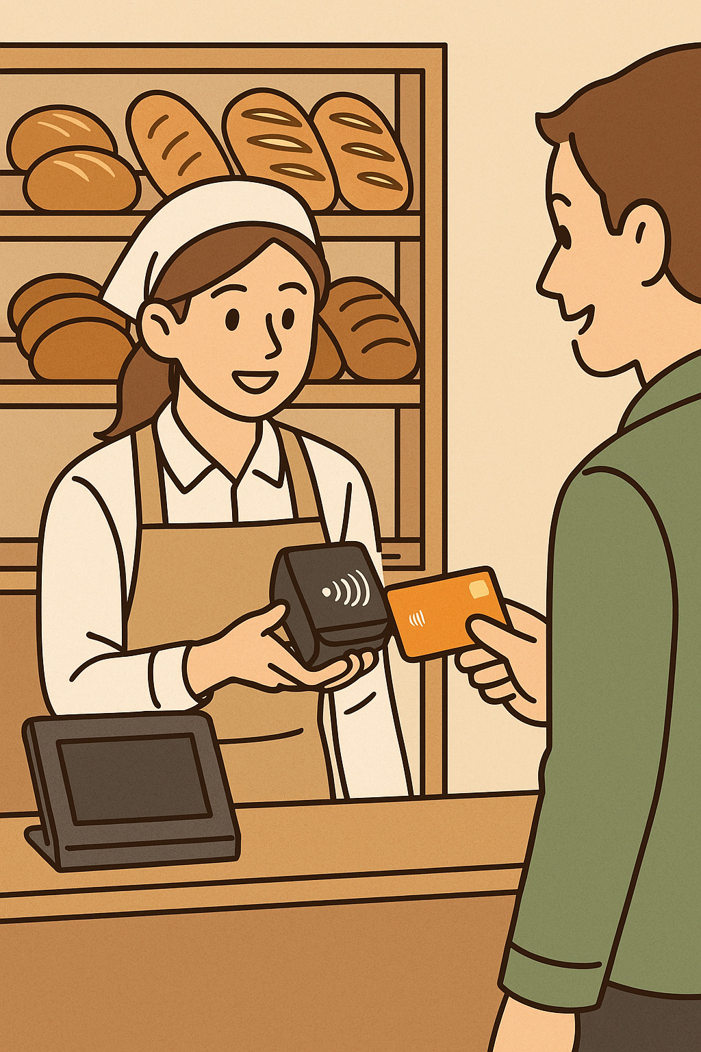 パン屋さんでキャッシュレス決済をする男性