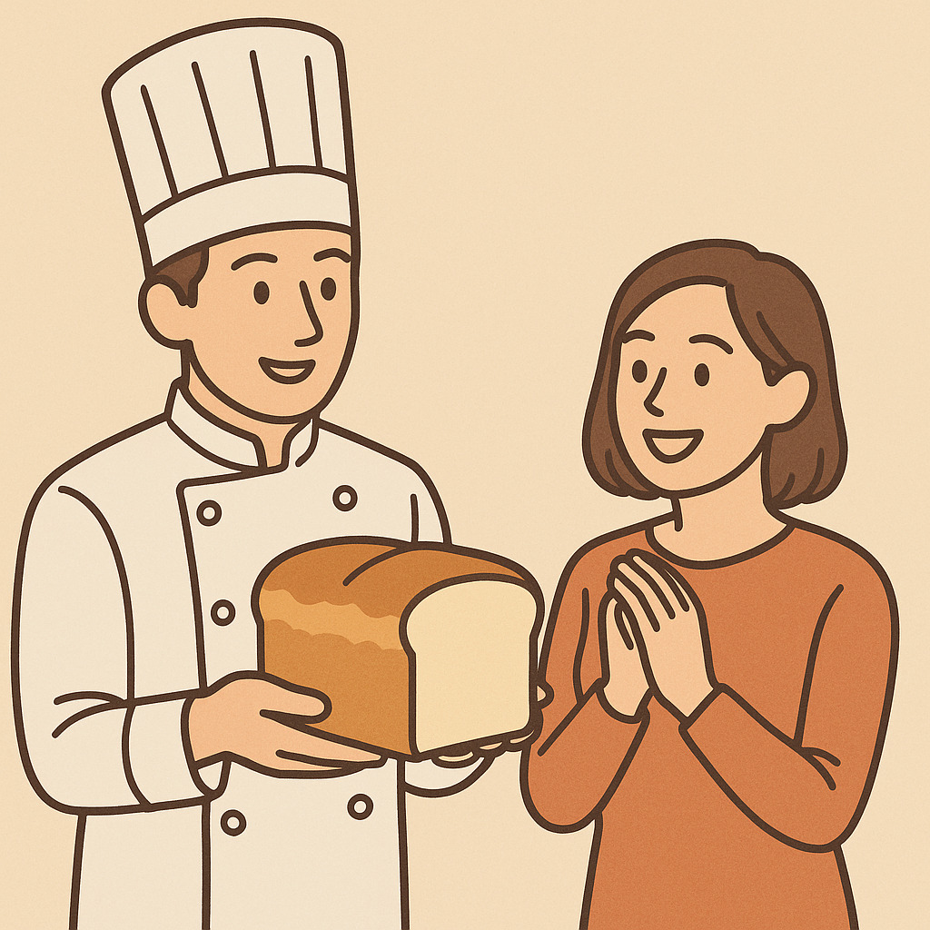 お客さんにパンの説明をするパン屋さん