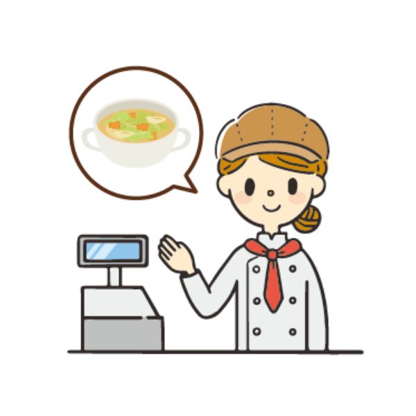 パンと一緒にスープを勧めるパン屋の店員