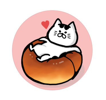 丸いパンの上に寝そべる白と黒の猫とハートのイラスト。パンライターの毎日パン日記in福岡さんのプロフィール画像。