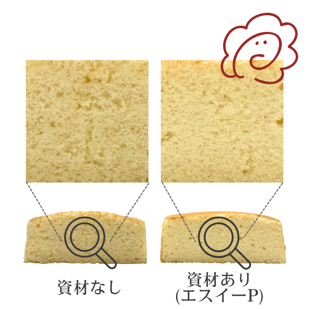 シフォンケーキの目の細かさの、エスイーPなしとありの差。エスイーPありの場合は記事の気泡が均一で目が細かい。