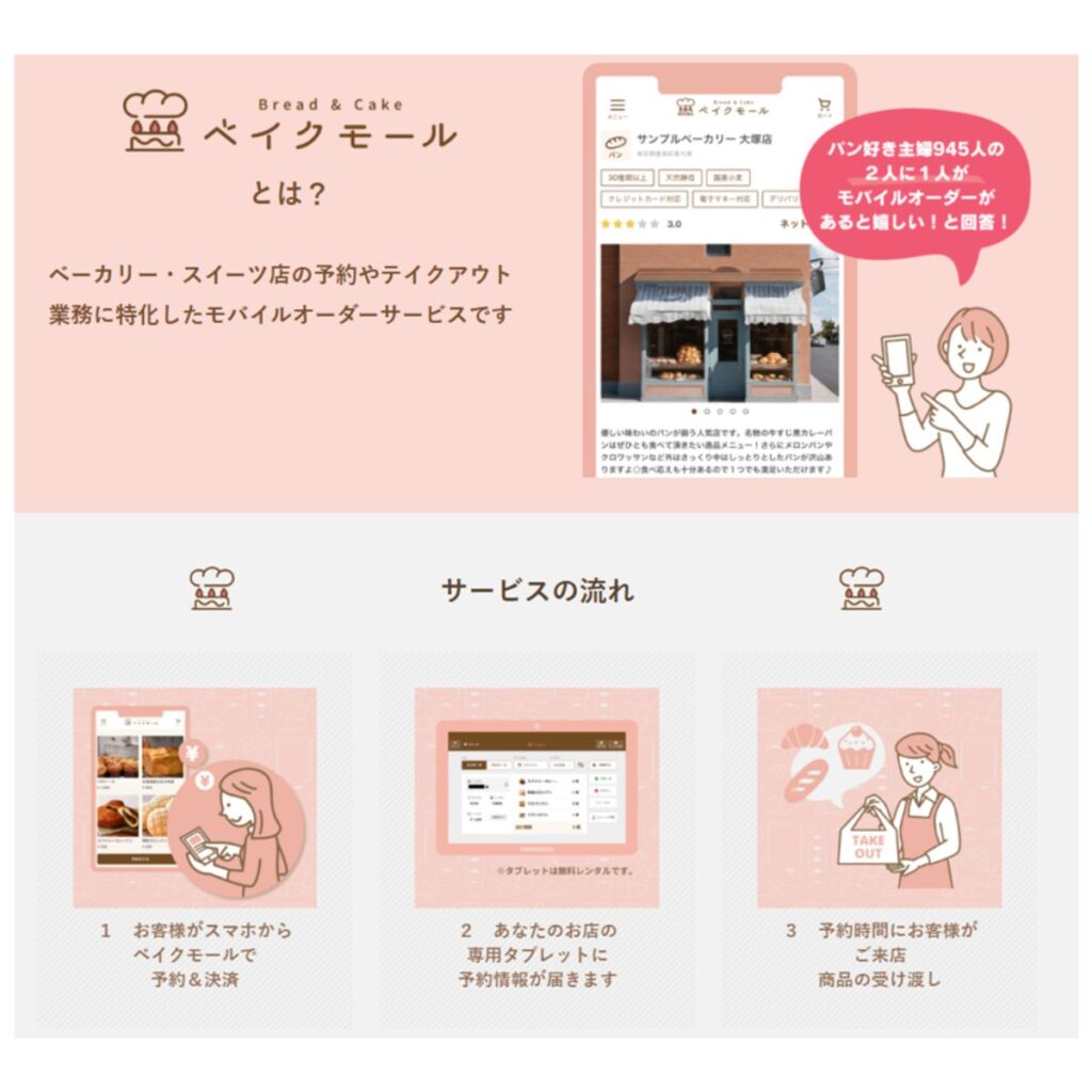 ベイクモールとは、ベーカリー・スイーツ店の予約やテイクアウト業務に特化したモバイルオーダーサービスです