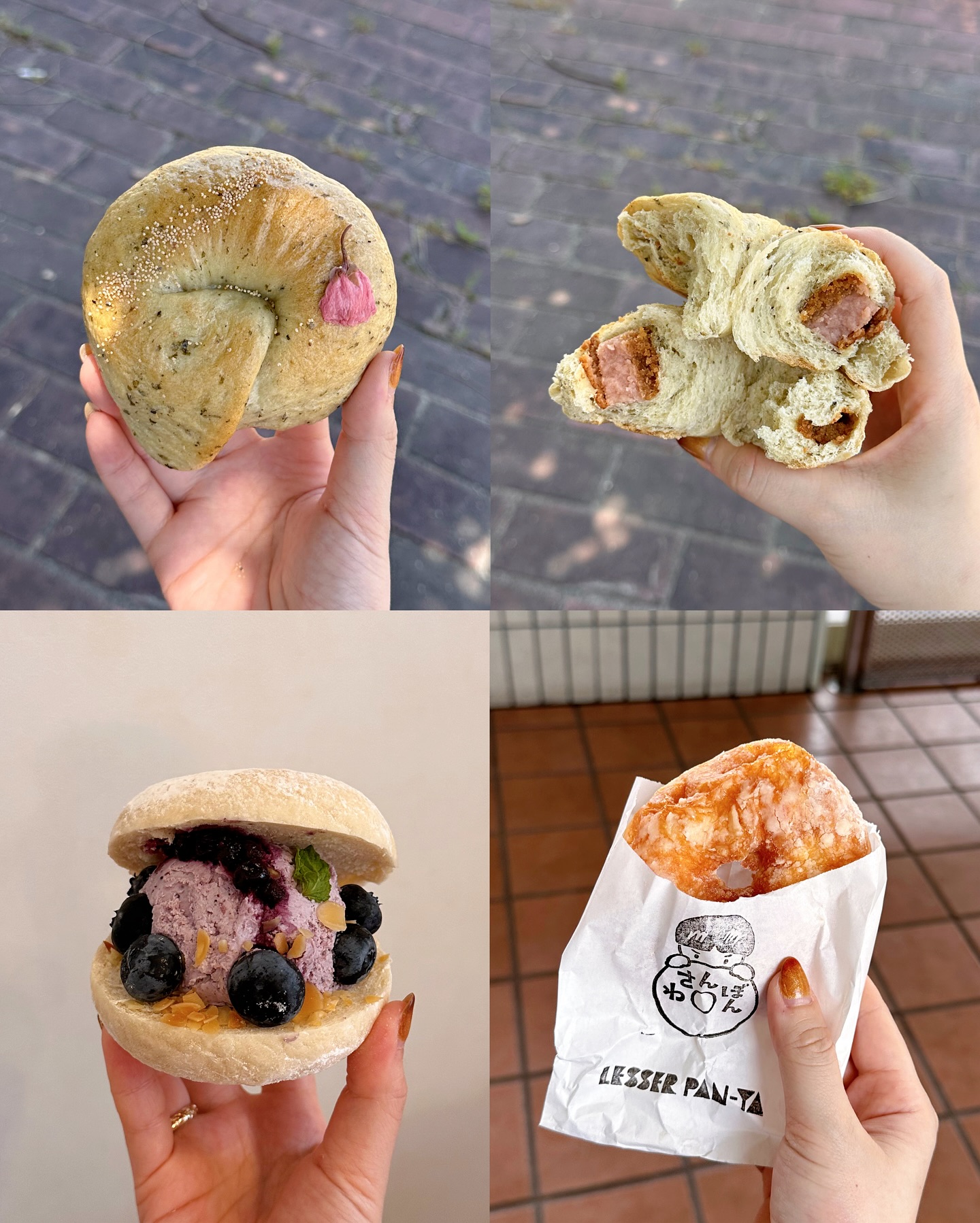 日本の兵庫県のパン屋lesserpan_yaのパン。

さくらベイクドチーズケーキ (桜生地)、生ブルーベリークリームチーズ 、自家製酵母ドーナツの3種類のパンが写っています。