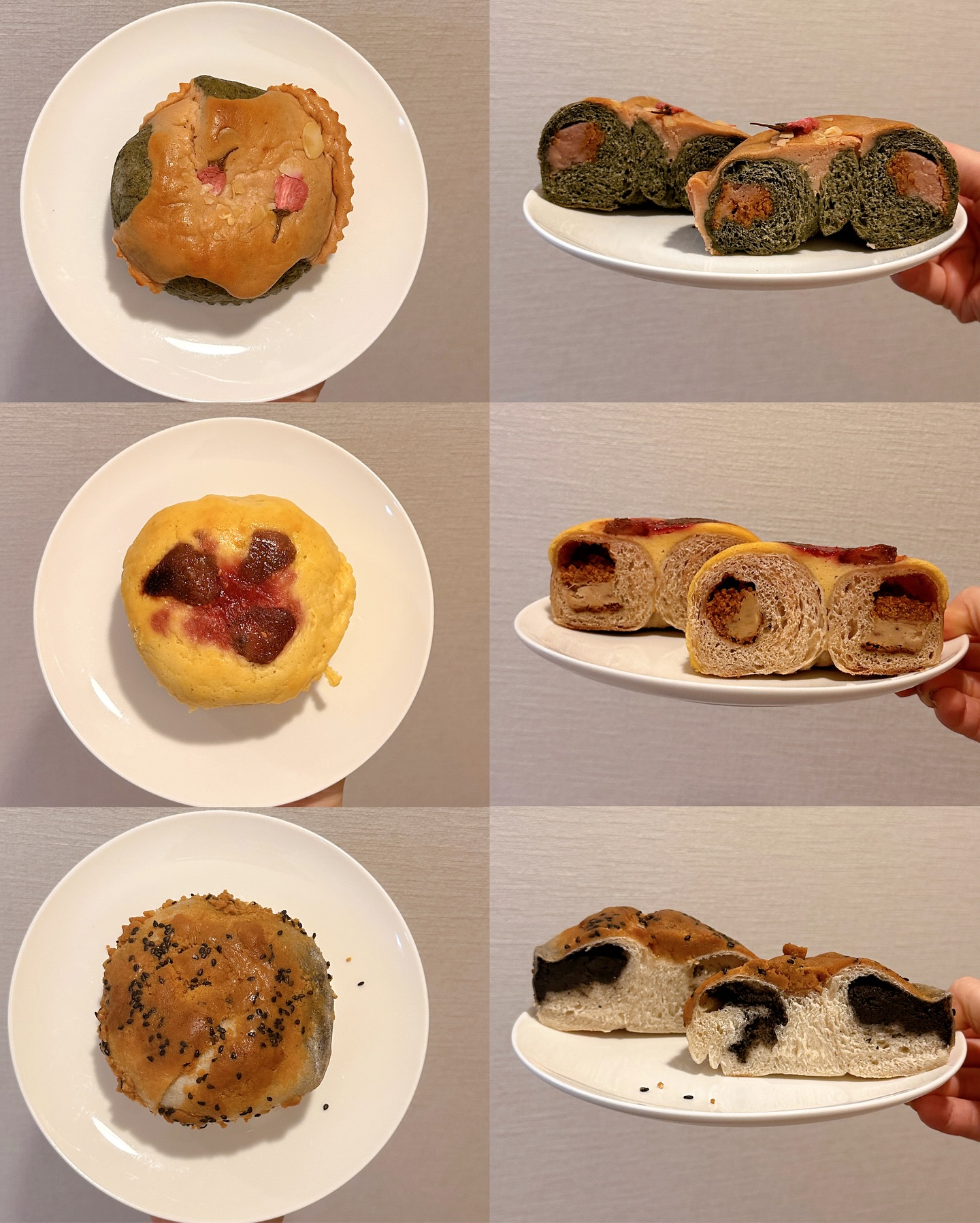 日本の兵庫県のパン屋lesserpan_yaのパン。

richsakuraベイクドチーズケーキベーグル、richいちごベイクドチーズケーキ、きなこクランブルごま団子の3種類のパンが写っています。