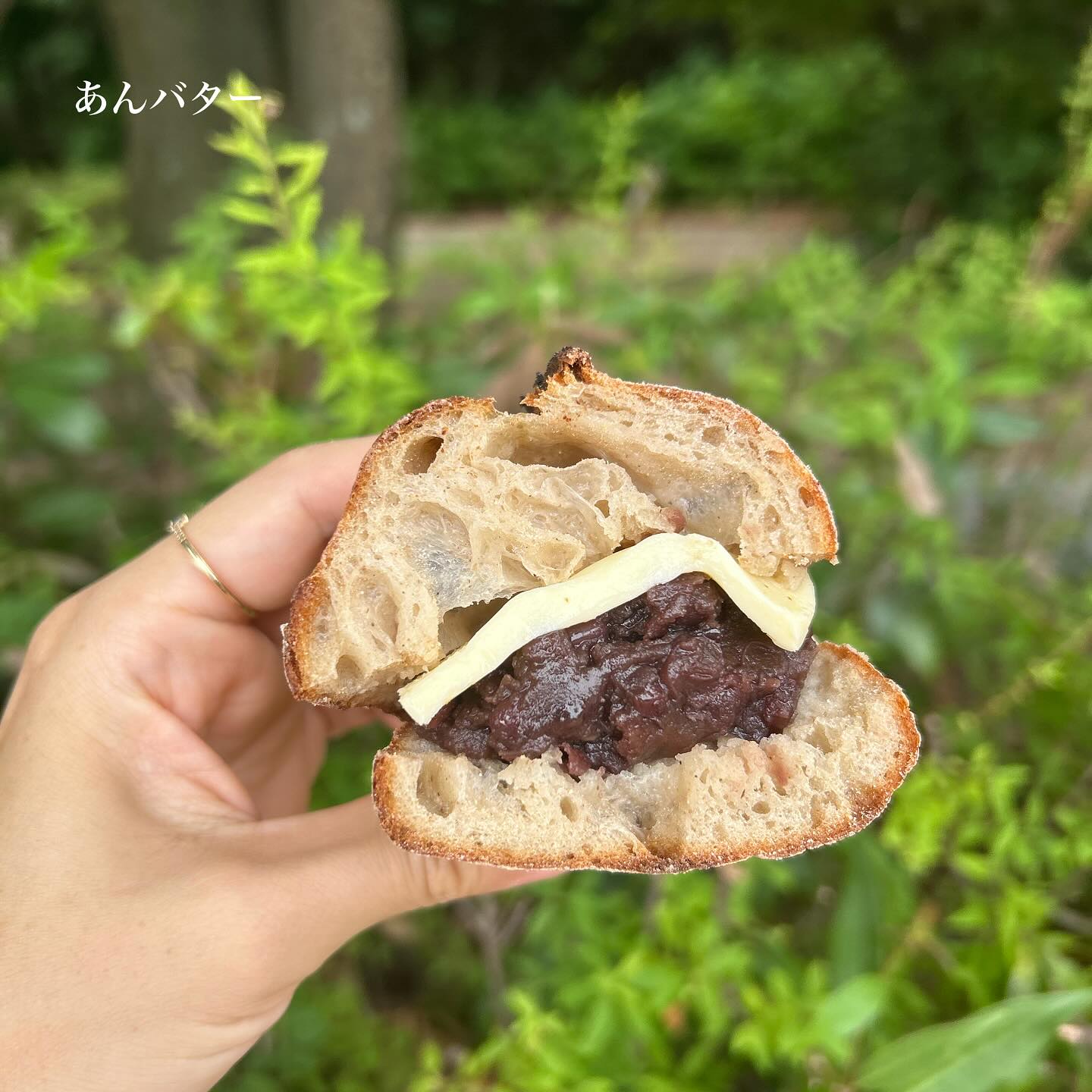 日本の兵庫県神戸市にあるベーカリー、麦秋至さんのパン。
半分の切ったあんバターを手で持っている写真。こちらは正面から撮影した写真。