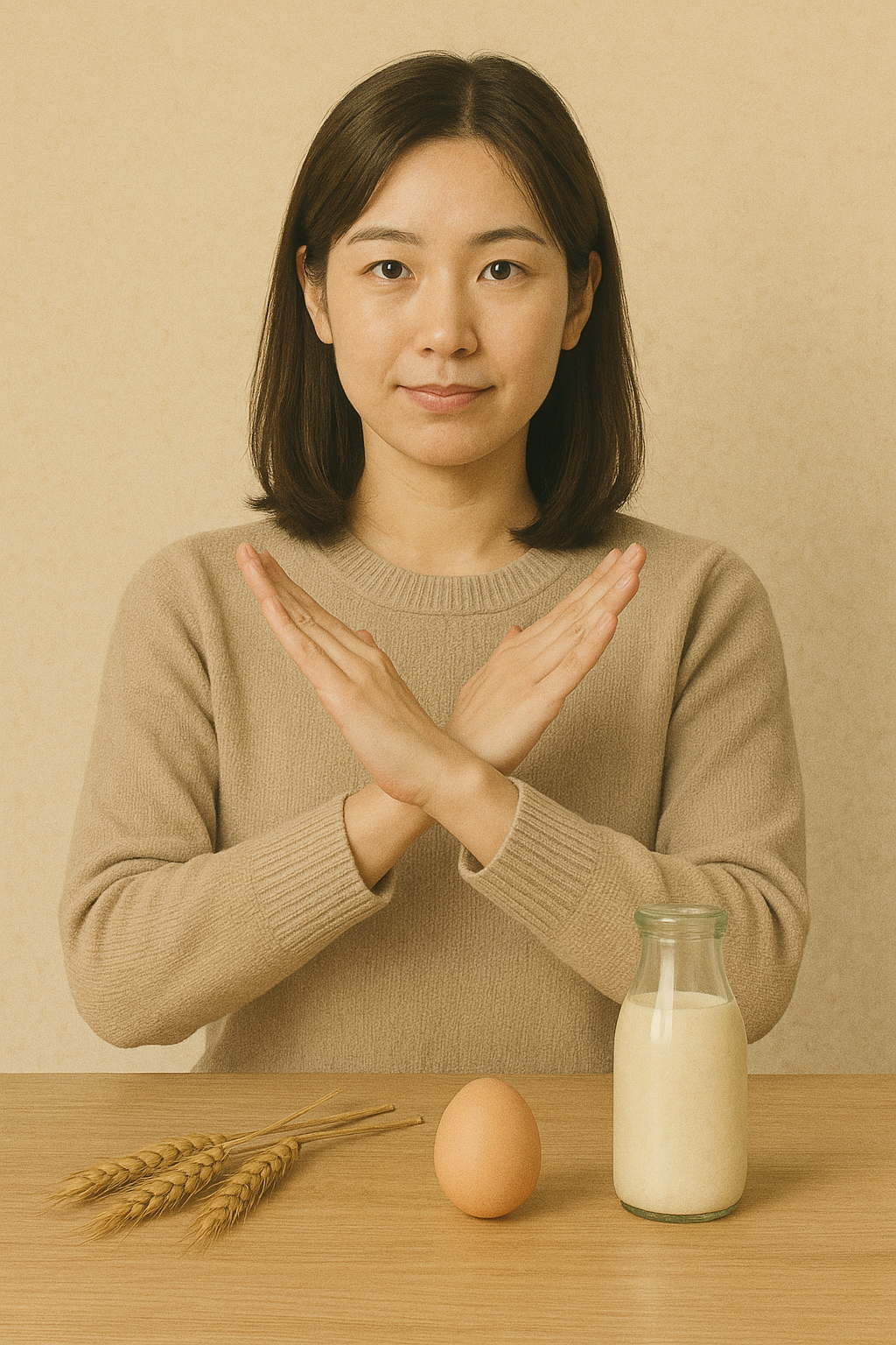両手でバツ印を作っている女性。目の前のテーブルに小麦・卵・牛乳が置かれている。