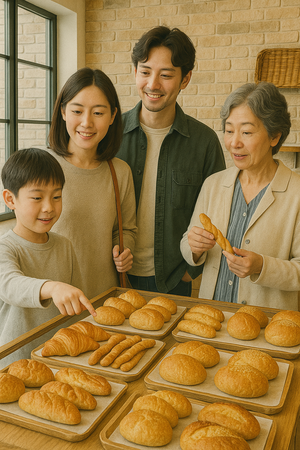 パン屋で購入するパンを選んでいる家族