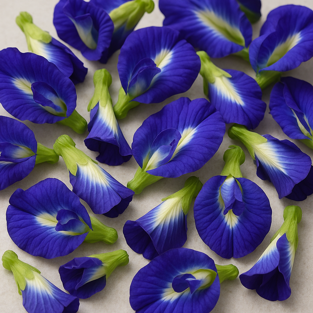鮮やかな青い色のバタフライピーの花が敷き詰められている様子。