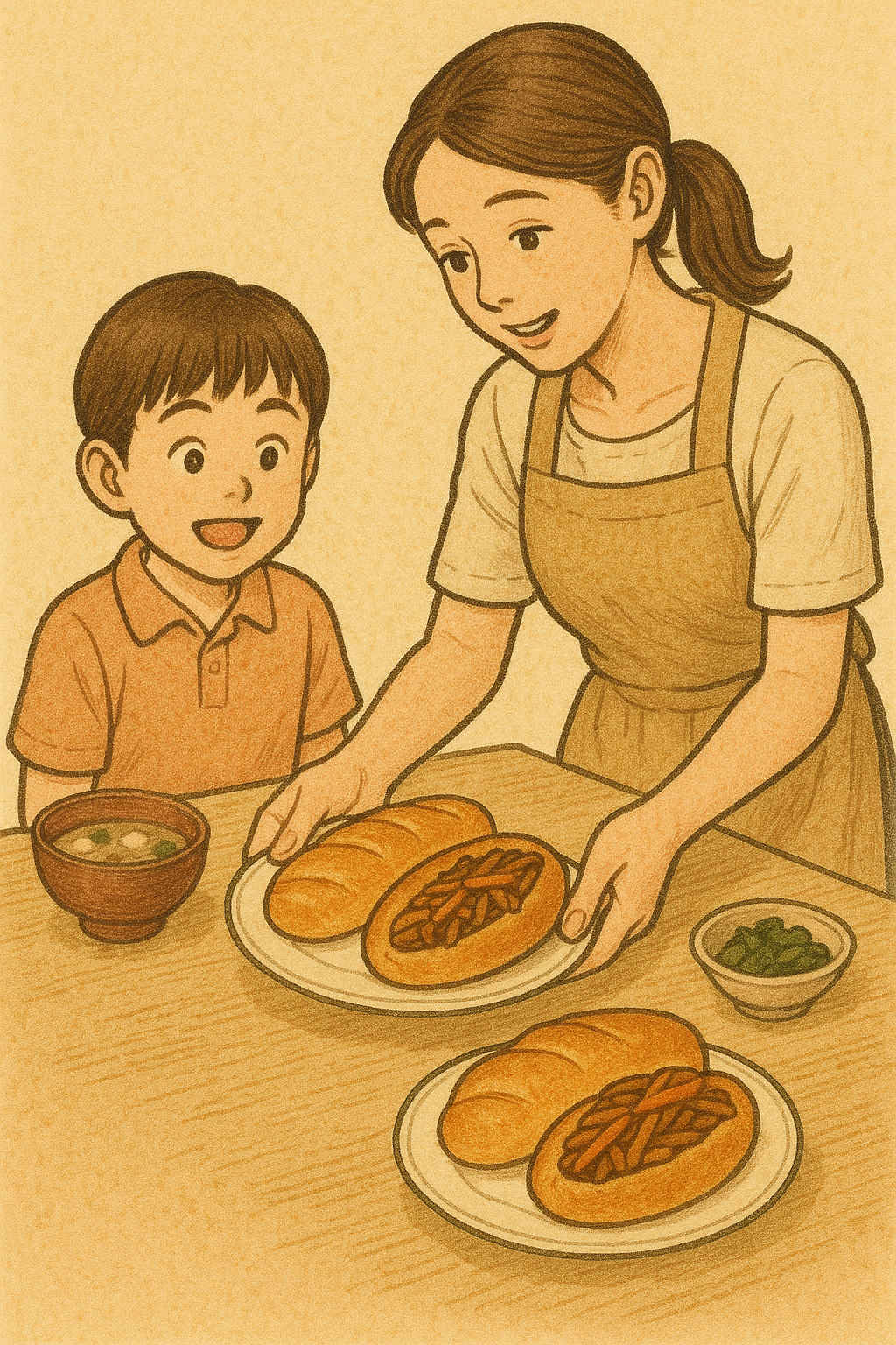 食卓に「きんぴらごぼうパン」を出す母と、嬉しそうにしている子供のイラスト