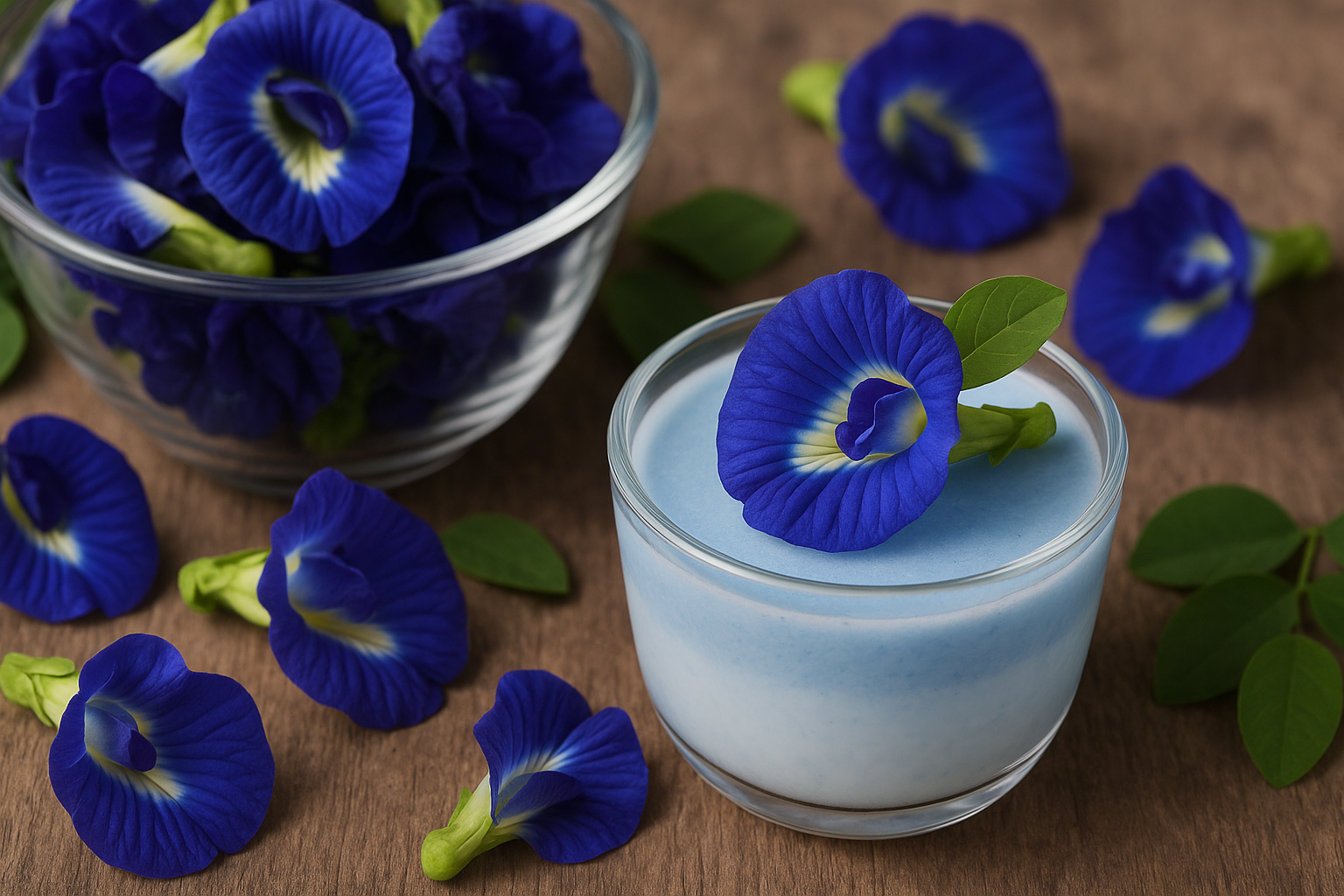 鮮やかな青い色のバタフライピーの花と、小さなグラスに入ったブルーのムース。