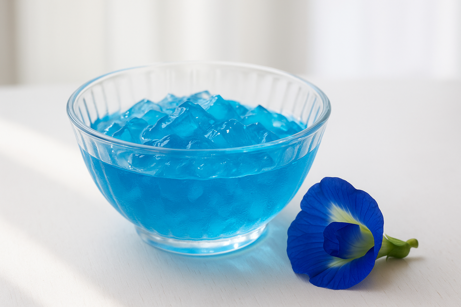ガラスの器に入ったきれいなブルーのゼリーの隣に、鮮やかな青い色のバタフライピーの花が1つ置いてある。