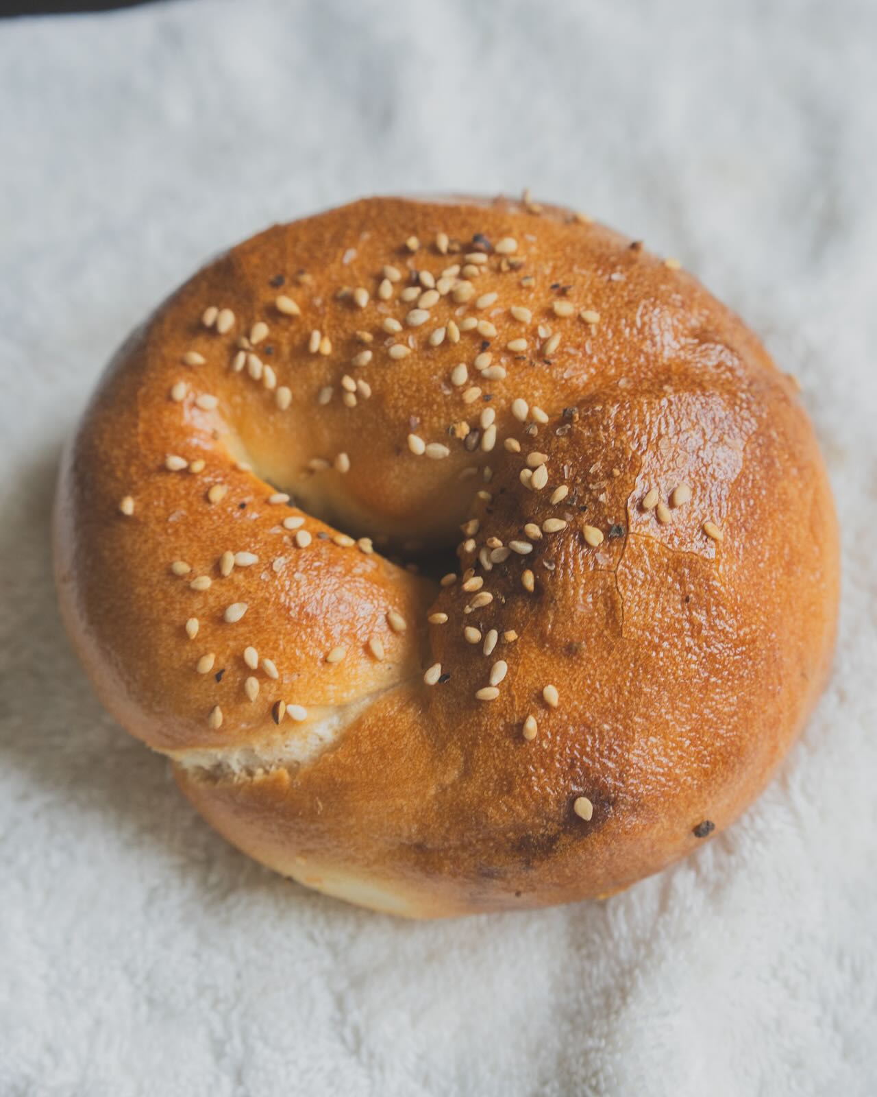 日本の東京都中央区日本橋小伝馬町にあるひふみベーグルさんのベーグル。オニオンベーコンのベーグルサンドの写真。