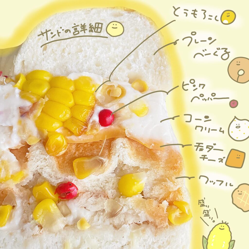 日本の東京都杉並区光圓寺にあるサブハウスさんのパン。スイートコーンワッフルサンドの断面写真。