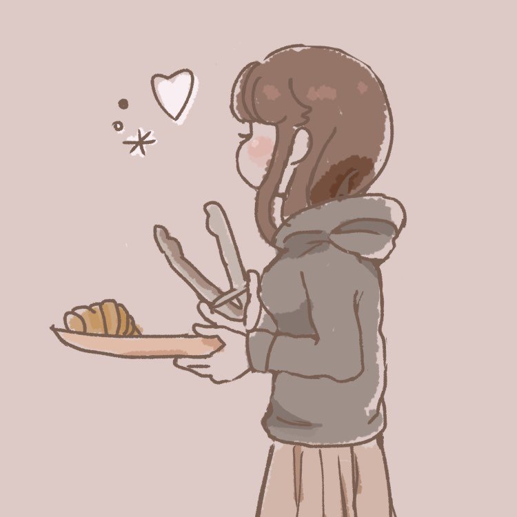 ありさ (関西パン巡り)さんのプロフィール画像。くすみピンクの背景に、手書き風の女の子が描かれたイラスト。女の子はロングヘア―でグレーのパーカーにピンクのスカート。トングとトレーを持ってパンを選んでいる。
